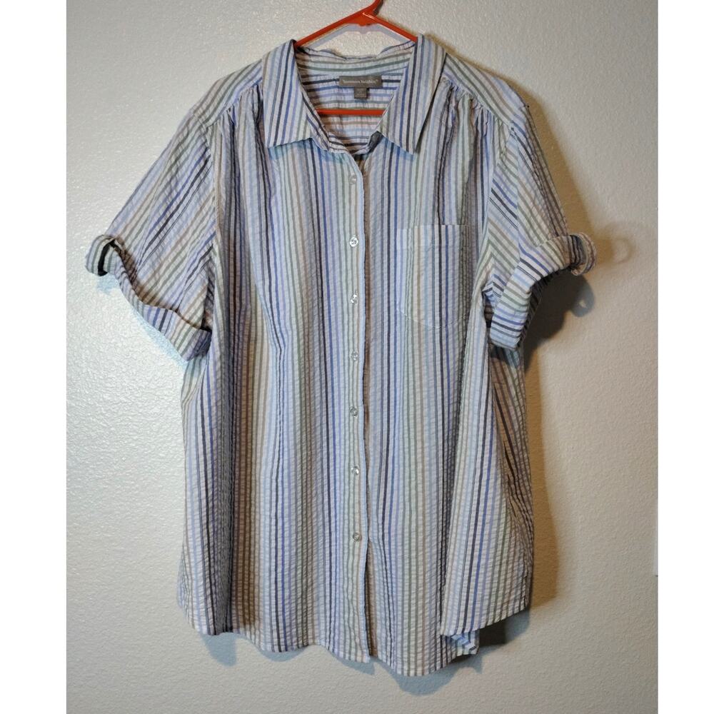 Woman Within Size 26/28 White Blue Green Striped Button Up Rolled Sleeves Top